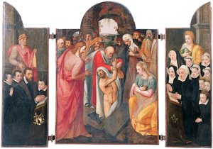 Triptych: The Raising of Lazarus på det sentrale rommet med en knelende mannlig donor, presentert av St. Jacob og hans sønner på venstre fløy, hans kone knelende, presentert av St. Catharine og hennes døtre på høyre fløy