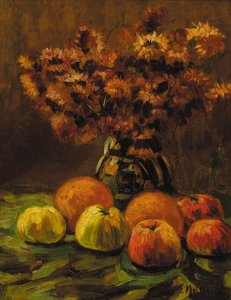 Epler, appelsiner og en vase med blomster på et bord (olje på panel)