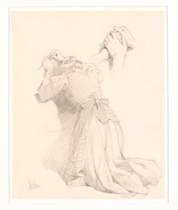 Et ark med fem blyantskisser. Kvinnefigurer. Studie av hender. av Frans Schwartz