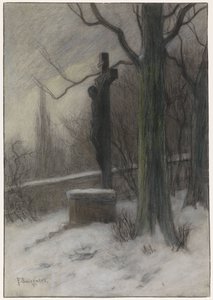 Krusifiks i en snødekt skog
