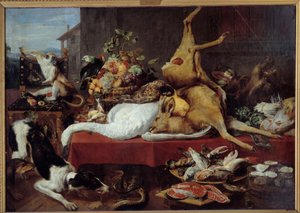Stilleben med hjort Vilt (fasan, gås, hjort), fiskeskive, krabbe, belgfrukter. maleri av Frans Snyders (1579-1657)