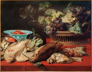 Stilleben - kurv med druer, fugler og jordbær av Frans Snyders