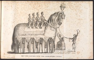 Ros Beiaard som en flyte i prosesjonen for Saint Rombout, 1825 Ros-Bayard eller fire brødre Peerd (tittel på objekt)
