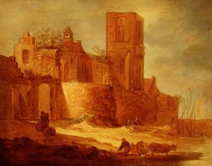 Et ødelagt kloster ved en vannvei med bønder og storfe i forgrunnen av Frans de Hulst