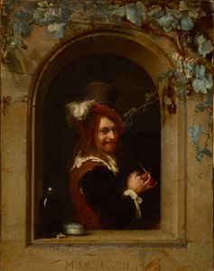 Man with a pipe at a window - Man with a pipe at a window, av Mieris, Frans van Mieris de Oudere or the Elder (1635-1681). Olje på tre, ca 1658. Størrelse: 20x15,5 cm. Brukenthal nasjonalmuseum, Sibiu av Frans van Mieris