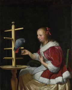En kvinne i en rød jakke mater en papegøye, ca 1663