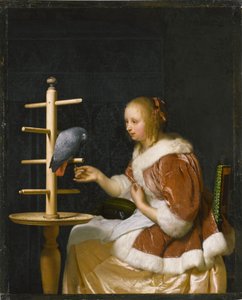 Ung kvinne mater en papegøye, 1663.