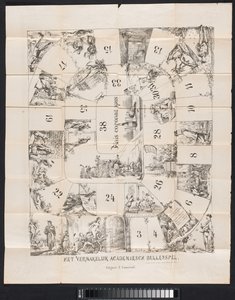 Tegneserie i Leiden studentalmanakk, 1874 Det underholdende akademiske oksespillet (tittel på objekt) av Fransen van de Putte
