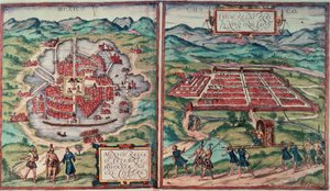 Planer av Mexico City, Mexico og Cusco City, Peru, fra Carl Nebels "Voyage Pittoresque" (farget gravering) (se 141102)