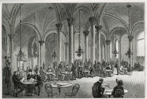 Den sentrale kafeen i Wien (Østerrike). Gravering av Kollarz, for å illustrere historien Wien og dens forsteder, av M. Newlinski, i 1881, publisert i Tour du monde, under ledelse av Edouard Charton (1807-1890) av Franz (after) Kollarz
