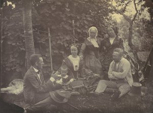 [Tre kvinner, to menn og et barn på piknik], 1850-60-tallet.