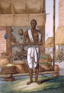Kjøpmann utenfor butikken sin med varer i sekker, fra 'The Hindus, or the Description of their Manners, Costumes and Ceremonies', ca. 1808-12 (farget etsning) av Franz Balthazar Solvyns
