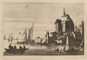 Kirke i et innløp med robåt i forgrunnen av Franz Edmund Weirotter