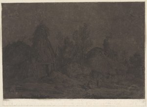 Måneskinnsscene med figurer foran en hytte XII Vues de la Normandie (serietittel)