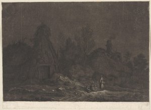Måneskinnsscene med figurer foran en hytte XII Vues de la Normandie (serietittel)