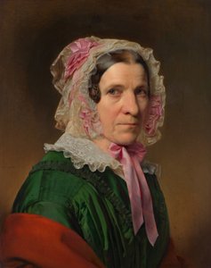 Portrett av en eldre dame i blonderhette og rosa bånd av Franz Eybl