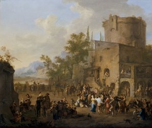 En italiensk byutsikt med figurer som danser Saltarello av Franz Ferg