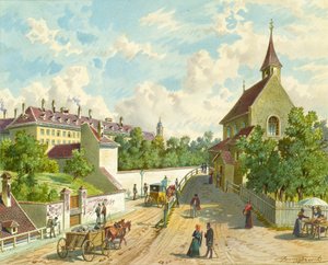 Währinger Strasse i Wien med forsyningshuset "Zum Blauen Herrgott" og "Krawoten-Kapelle"