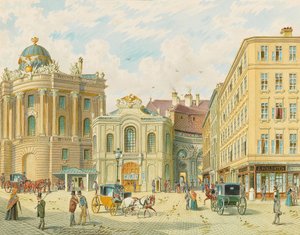 Det gamle Burgtheater i Wien - Franz Gerasch (1826-1906). Akvarell på papir, tidlig på 1900-tallet. Mål: 23x29 cm. Privat samling