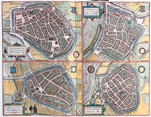 Arnhem og Venlo, Nederland - Geldern, Tyskland og Ruermonde, Nederland (gravering av Franz Hogenberg