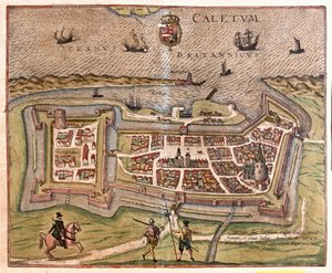 Calais, Frankrike: porten, festningen og nøkkelen til Frankrike, kom under makten til den spanske kong Philip i 1597 (gravering av Franz Hogenberg