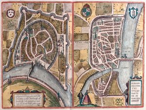 Grenoble og Romans sur Ister, Frankrike (gravering av Franz Hogenberg