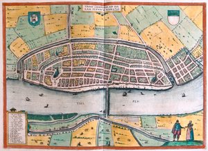 Kampen og elven IJssel eller Yssel, Nederland (gravering av Franz Hogenberg