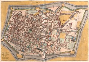 Lucca, Italia (gravering av Franz Hogenberg
