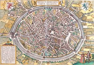 Kart over Brugge (Brugae), Belgia (radering av Franz Hogenberg