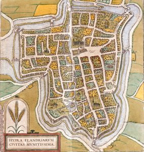 Plan de Ypres (Hypra), Belgia (etsing av Franz Hogenberg