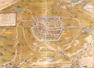 Plan over Leiden (Leyden), Nederland (radering av Franz Hogenberg