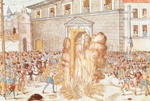 Henrettelsen av sorenskriveren Anne du Bourg dømt til henging etterfulgt av brenning av liket, 23. desember av Franz Hogenberg