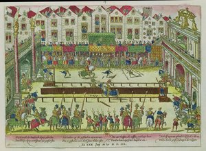 Turnering hvor Henri II (1519-59) ble skadet av greven av Montgomery og døde ti dager senere, 30. juni 1559 av Franz Hogenberg