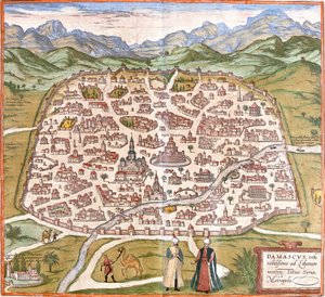 Utsikt over Damaskus (Damaskus), Syria (radering av Franz Hogenberg