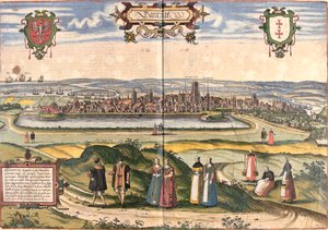Utsikt over Dantzig (Gedanum) (dagens Gdansk), Polen (radering av Franz Hogenberg