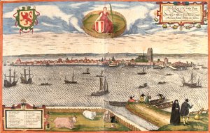 Utsikt over Dordrecht (Dordracum), Nederland (radering av Franz Hogenberg