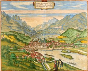 Utsikt over Innsbruck (Oenipons eller Enipontus), Østerrike (radering av Franz Hogenberg