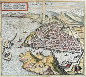 Utsikt over Marseille på 1500-tallet, som viser sykehuset for spedalske nederst til venstre, fra 