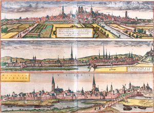 Utsikt over Munster (Monasterium), Osnabruck (Osnabrugum) og Wesel (Weselia), Tyskland (radering av Franz Hogenberg