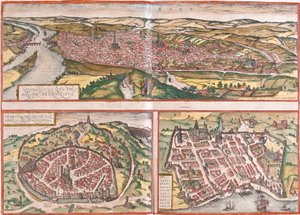 Utsikt over Rouen (Rotomagus), Nimes (Nemausus) og Bordeaux (Burdigala), Frankrike (radering). av Franz Hogenberg