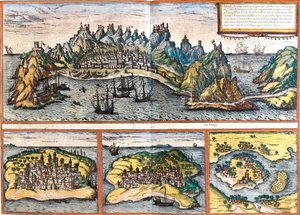 Utsikt over Aden (Jemen), Mombasa (Mombaza) (Kenya), Kilwa Kisiwani (Quiloa) (Tanzania) og Cefala Diana (Cefala) (Sicilia, Italia) (radering) av Franz Hogenberg