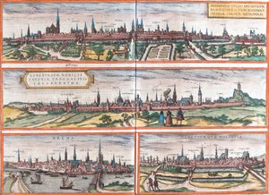 Utsikt over Brunswick (Brusvicum), Lüneburg (Loneburgum), Breme (Brema) og Oldenburg (Aldenburgum), Tyskland (radering av Franz Hogenberg