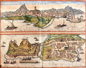Utsikt over Candia (Candia), nåværende Heraklion på øya Kreta og Korfu eller Corcyra (Corphu), gresk øy (etsing av Franz Hogenberg