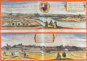 Utsikt over Dresden (Dresa) og Leipzig (Lipsia), Tyskland (radering av Franz Hogenberg