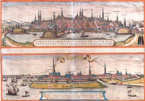 Utsikt over Lubeck (Lubeca) og Hamburg (Hamburga), Tyskland (radering av Franz Hogenberg