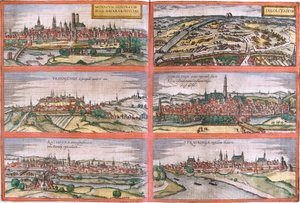Utsikt over München (Monacum) Ingolstadt (Ingolstadium), Freising (Frisingensis), Nordlingen (Nordlinga), Regensburg (Ratispona) og Straubing (Stravbinga), Tyskland (etsing av Franz Hogenberg