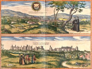 Utsikt over Oxford (Oxonium) og Windsor (Vindesorium), England (etsing av Franz Hogenberg