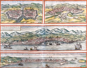 Utsikt over Parma (Parma), Siena (Sena), Palermo (Panhormus) og Trapani (Drepanum) (Sicilia), Italia (etsing av Franz Hogenberg