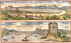 Utsikt over Pozzoli (Puteoli) og bukter (Baiae) (dagens Baia), Italia, med de eldgamle restene av de termiske badene i Napolibukta og en festning (etsing av Franz Hogenberg