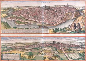 Utsikt over Toledo og Valladolid (Vallisoletum), Spania (etsning av Franz Hogenberg